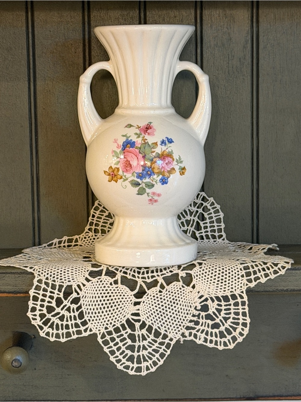 Vintage Floral, Double Handle, Ceramic Vase. Cottage Chic Decor. G21